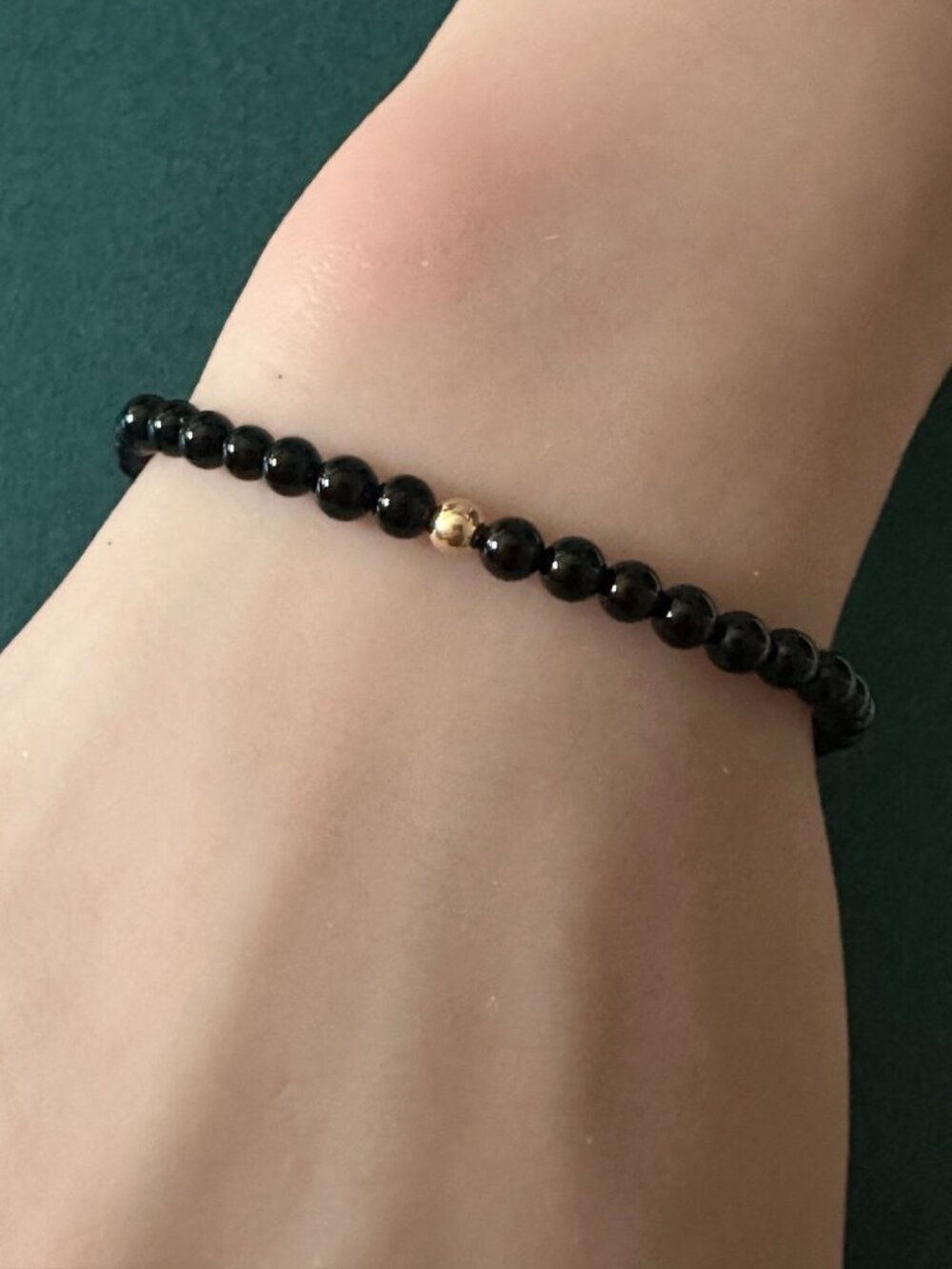 Natural Black Onyx Bracelet 4mm with White Mother of Pearl Flower & 14k Solid Go - Picture 5 of 6